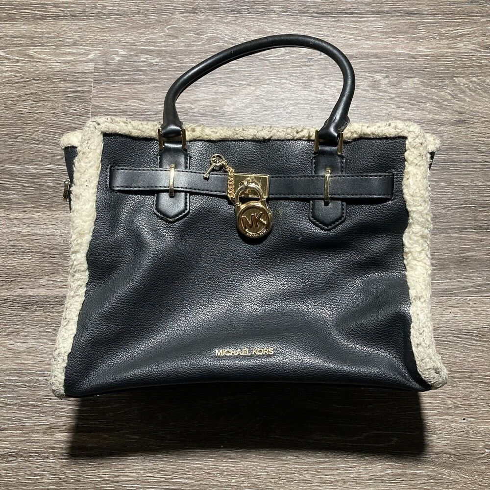 MICHAEL KORS Hamilton Fur Lock Key Leather Medium MD Satchel Black Limited